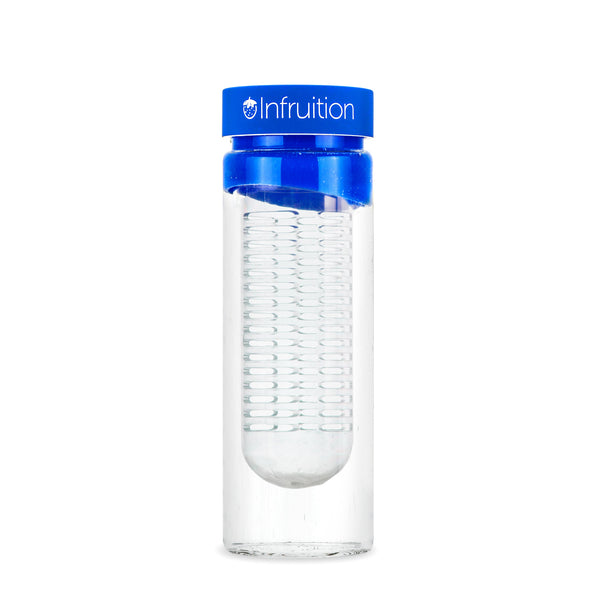 Empty glass fruit infusing water bottle in royal blue with no fruits