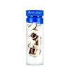 Glass fruit infusing water bottle in royal blue shown with a coconut infusion