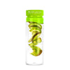 Glass fruit infusing water bottle in lime green shown with a kiwi infusion