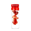 Glass fruit infusing water bottle in fire red shown with a strawberry infusion